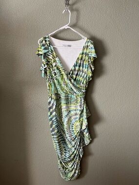 Maggy London Lime Green Patterned Wrap-Style Midi Dress